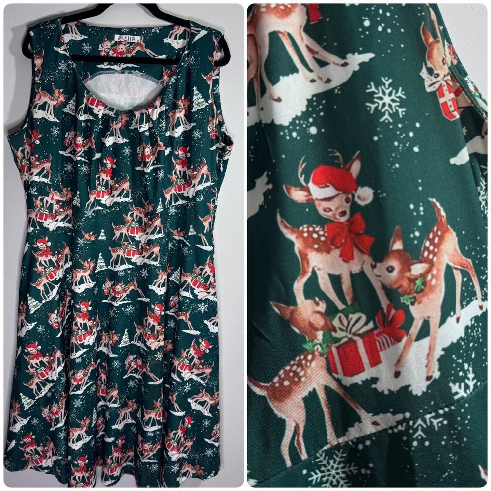 Festive Green Christmas Reindeer Holiday Dress